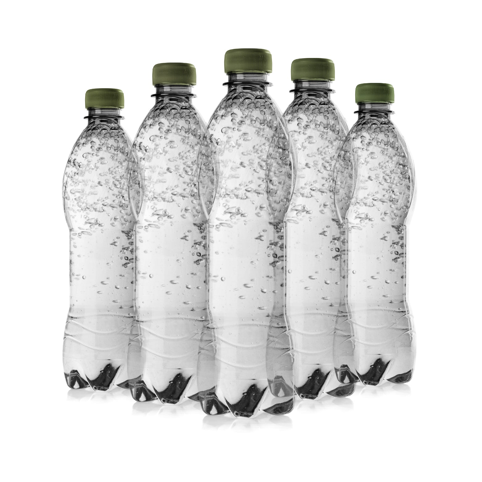 Six clear plastic bottles with green caps on a white background
